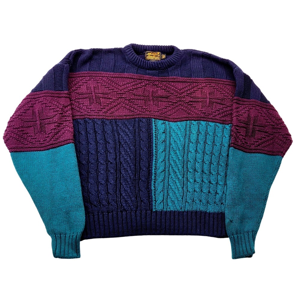 Vintage Eddie Bauer Men Chunky Colorblock Cotton Cable Knit Sweater  Made in USA